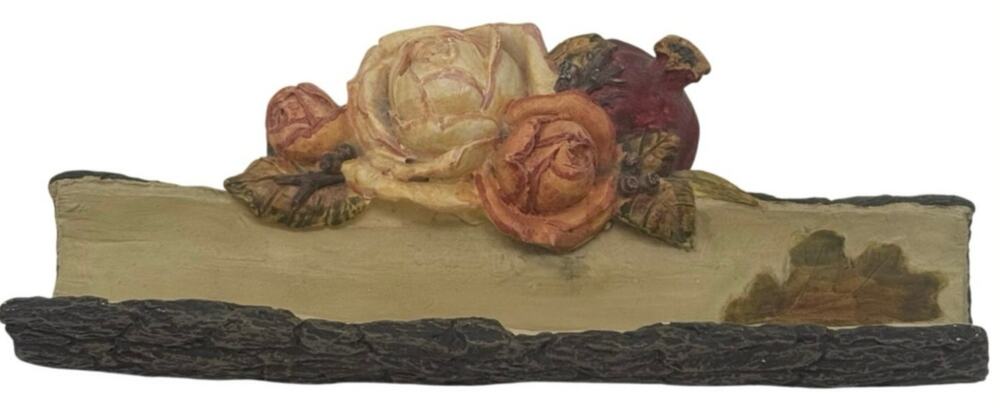 Vintage 90s Office Desk Pen Holder Resin Rustic Rose Floral Wood 8x4